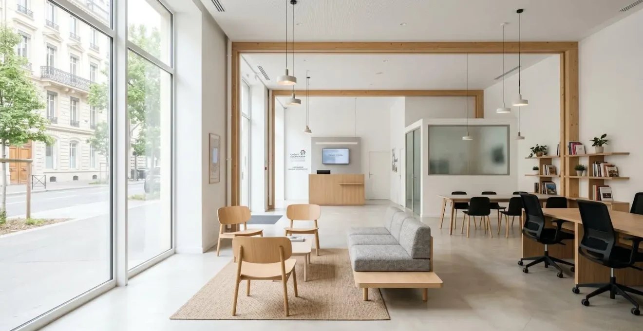 Intérieur d'une agence bancaire moderne et lumineuse avec de grandes baies vitrées laissant entrer la lumière naturelle, mobilier épuré en bois clair, espace vide et accueillant