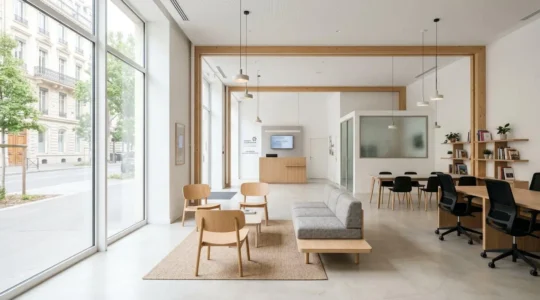 Intérieur d'une agence bancaire moderne et lumineuse avec de grandes baies vitrées laissant entrer la lumière naturelle, mobilier épuré en bois clair, espace vide et accueillant