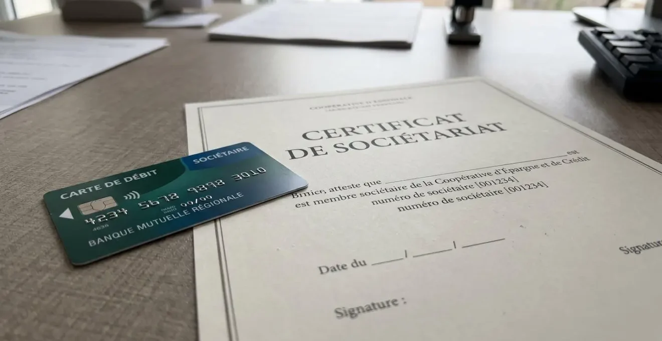 Gros plan d'une carte bancaire posée sur un certificat de part sociale avec des détails de texture du papier et du plastique visibles en lumière naturelle latérale