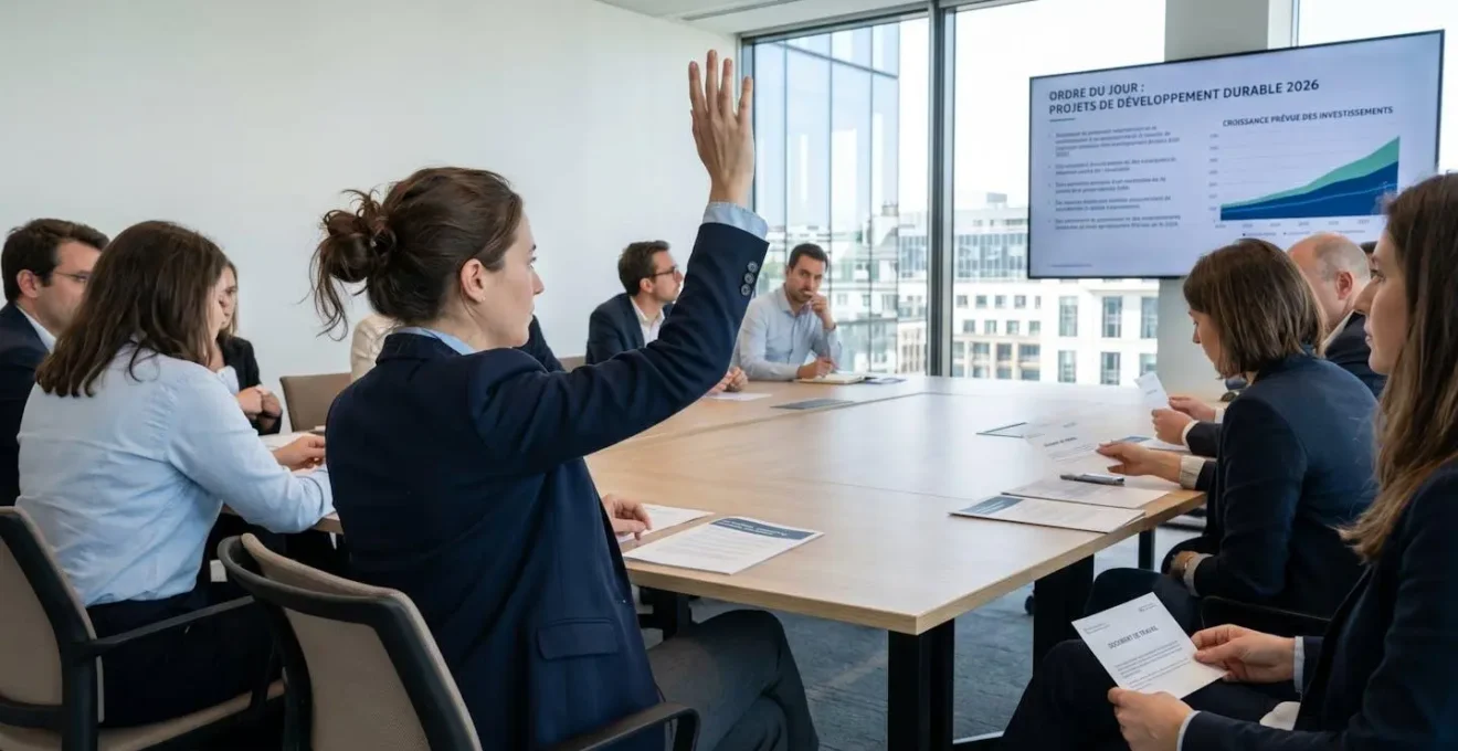 Vue de dos d'une personne en tenue professionnelle décontractée levant la main dans une salle de réunion moderne et lumineuse lors d'un vote collectif