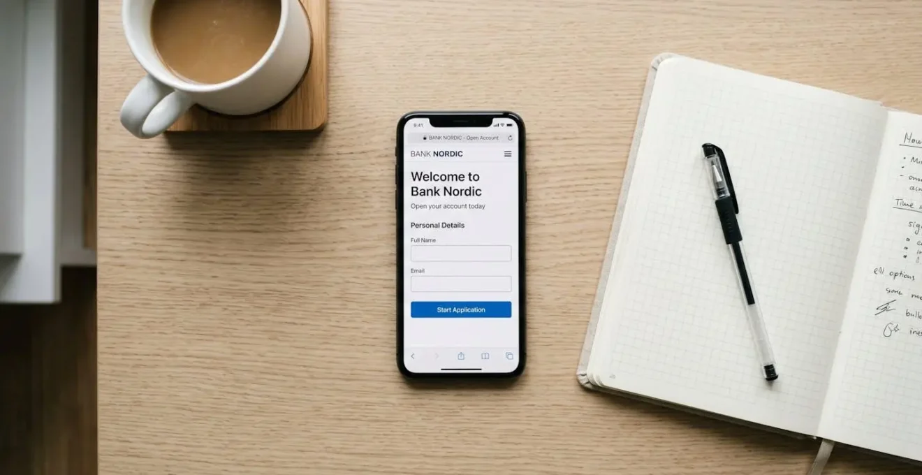 Smartphone sur un bureau avec une interface d'ouverture de compte bancaire en ligne, à côté d'une tasse de café et d'un carnet.