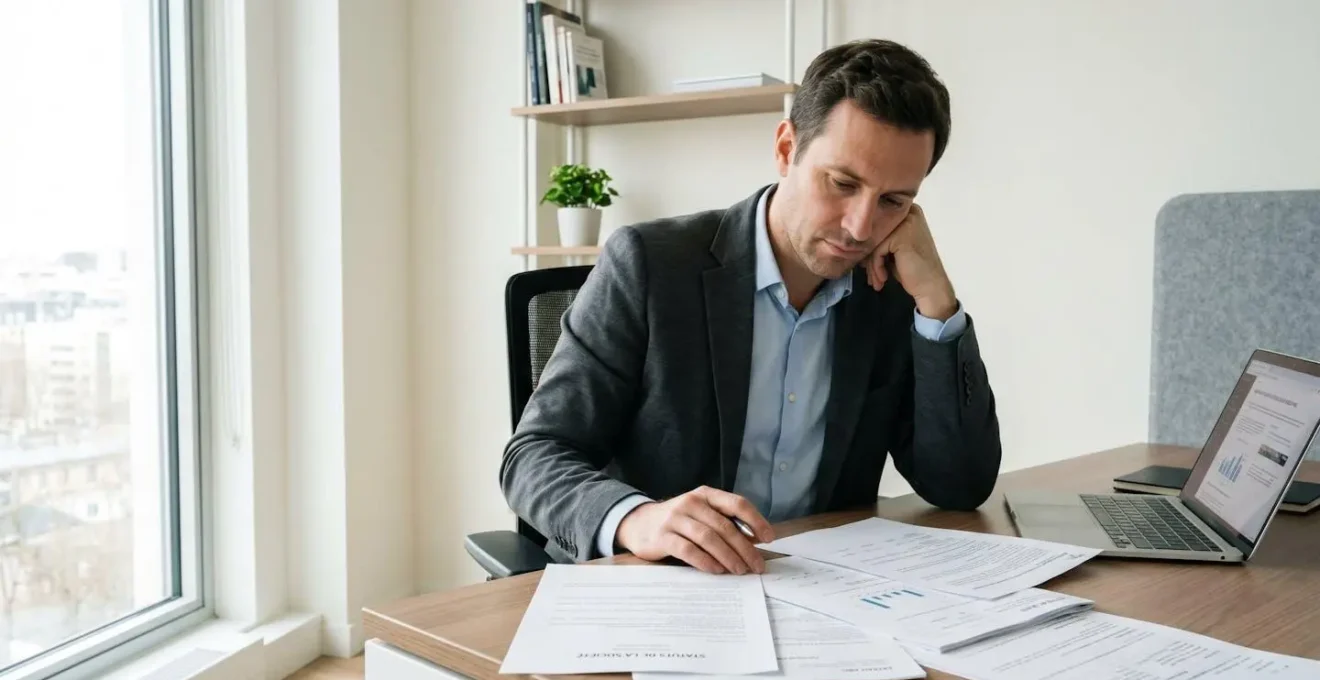 Dirigeant d'entreprise consultant des documents administratifs officiels (statuts et extrait Kbis) sur un bureau contemporain avec ordinateur portable, dans un environnement professionnel lumineux