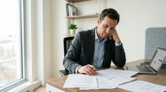 Dirigeant d'entreprise consultant des documents administratifs officiels (statuts et extrait Kbis) sur un bureau contemporain avec ordinateur portable, dans un environnement professionnel lumineux