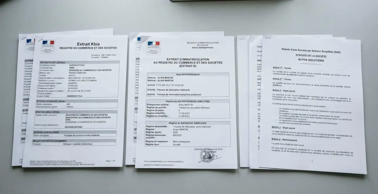 Vue rapprochée de documents officiels français représentant différents statuts juridiques : extrait Kbis SARL, extrait K micro-entrepreneur et statuts de SAS côte à côte