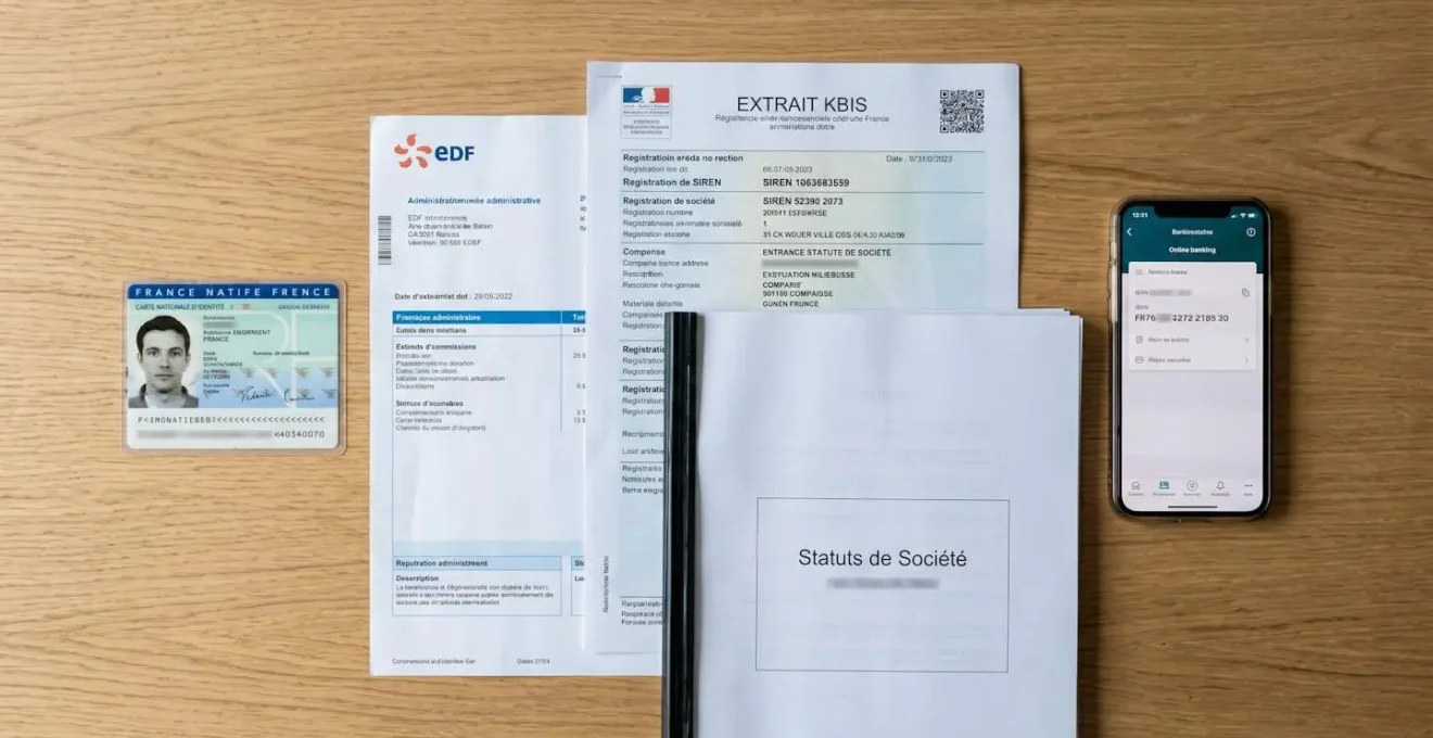 Vue de dessus d'un bureau organisé présentant les documents justificatifs pour ouverture de compte professionnel : carte d'identité française, justificatif de domicile, extrait Kbis, statuts de société et smartphone affichant un IBAN
