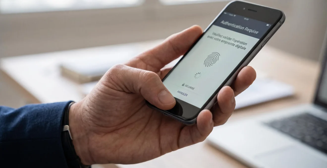 Main de professionnel authentifiant une opération bancaire par empreinte digitale sur smartphone
