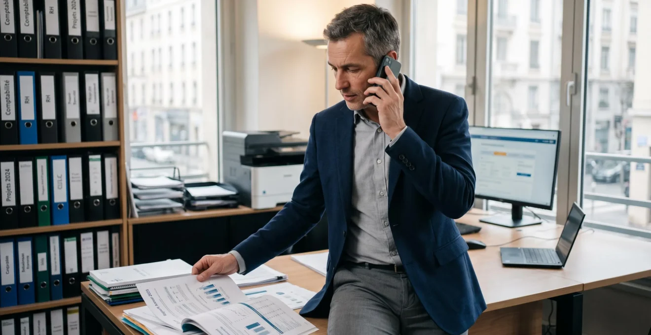 Chef d'entreprise en conversation téléphonique avec son conseiller bancaire dans son bureau professionnel