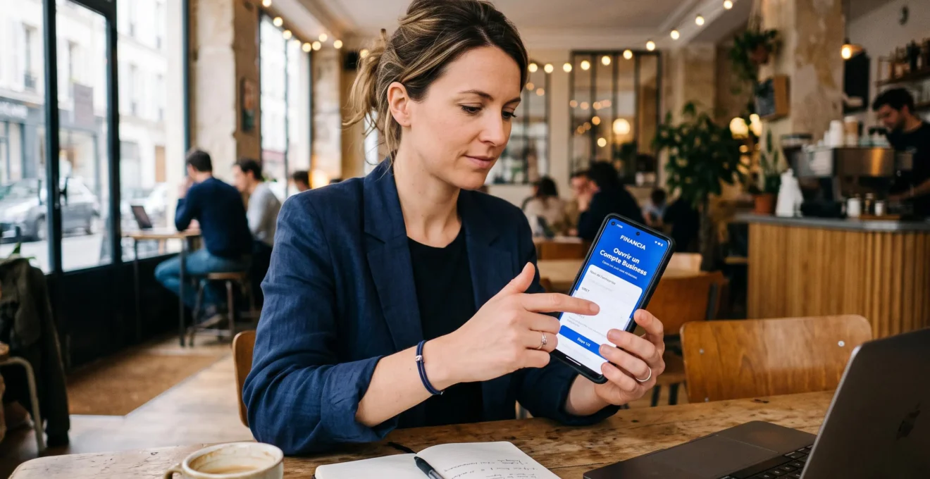 Un entrepreneur organise les documents officiels nécessaires à l'ouverture d'un compte professionnel dans son local en cours d'aménagement