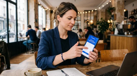 Un entrepreneur organise les documents officiels nécessaires à l'ouverture d'un compte professionnel dans son local en cours d'aménagement