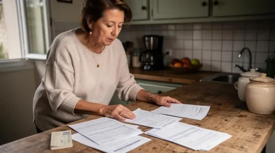 Femme debout dans sa cuisine consultant des documents financiers et relevés bancaires posés sur un plan de travail