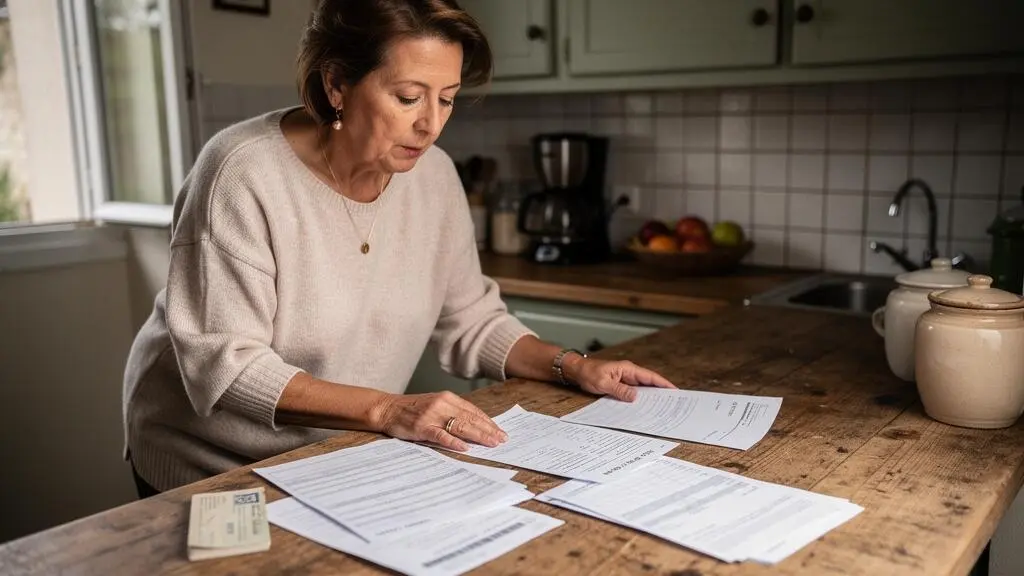 Femme debout dans sa cuisine consultant des documents financiers et relevés bancaires posés sur un plan de travail