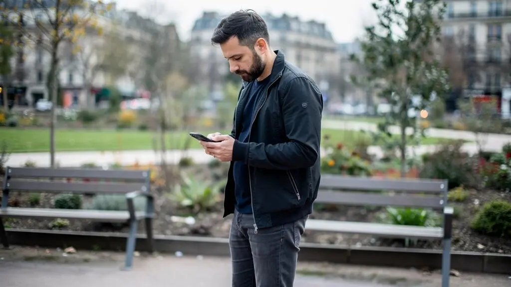 Homme en extérieur dans un parc urbain consultant une application bancaire sur son smartphone