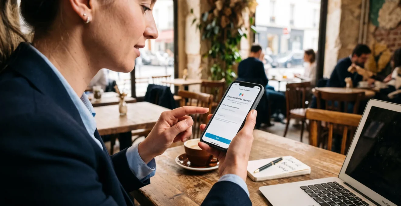 Un professionnel utilise une application de néobanque sur smartphone pour ouvrir un compte professionnel dans un espace de coworking